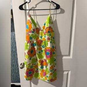 Y2K Milly New York 100% silk Green and Orange Floral Babydoll Dress